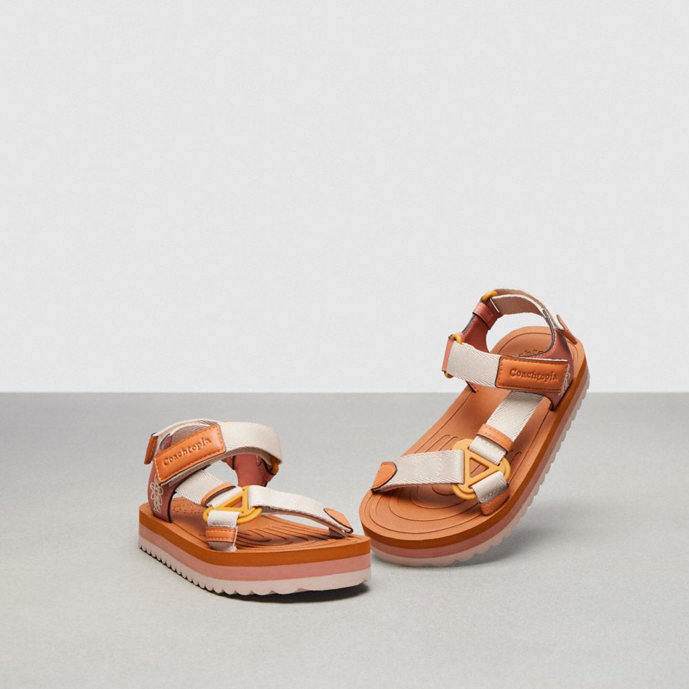COACH®,Strappy Sandal,Coachtopia Leather,Canyon/Cloud Multi,Angle View
