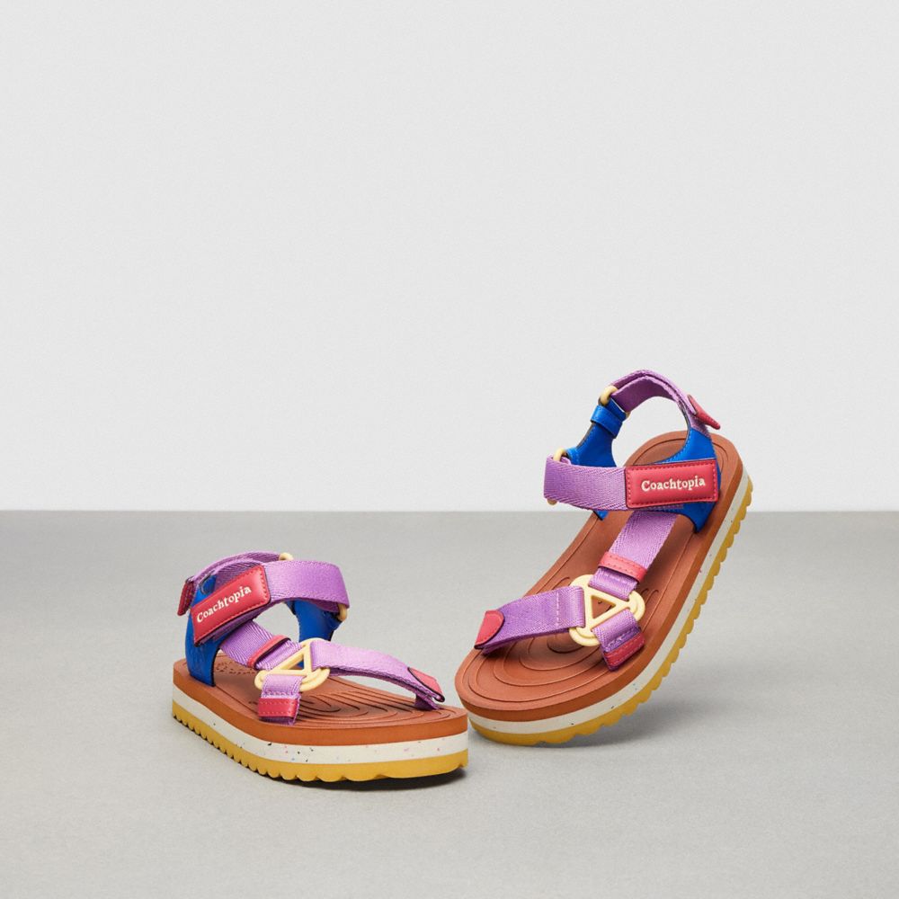 COACH®,Strappy Sandal,Coachtopia Leather,Burnished Amber/Violet Multi,Angle View