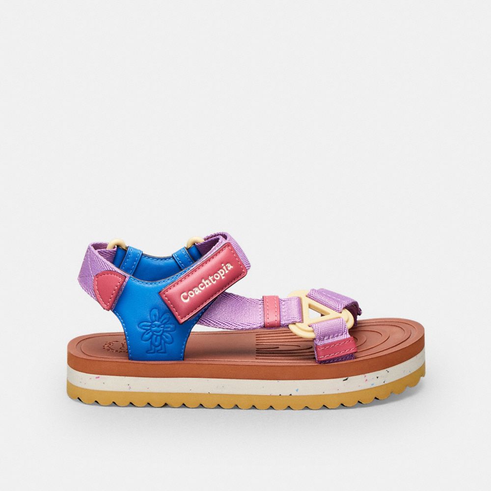 COACH®,Strappy Sandal,Coachtopia Leather,Burnished Amber/Violet Multi,Angle View