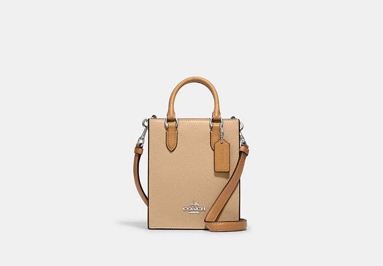 COACH®,NORTH SOUTH MINI TOTE IN COLORBLOCK,Leather,Silver/Sandy Beige Multi,Front View image number 0