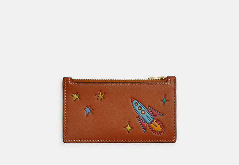 COACH®,COACH X OBSERVED BY US ZIP CARD CASE,Glovetanned Leather,Space,Burnished Amber Multicolor,Front View