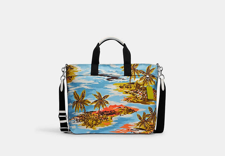 COACH®,TOTE BAG 38 WITH HAWAIIAN PRINT,canvas,X-Large,Silver/Blue Multi,Front View