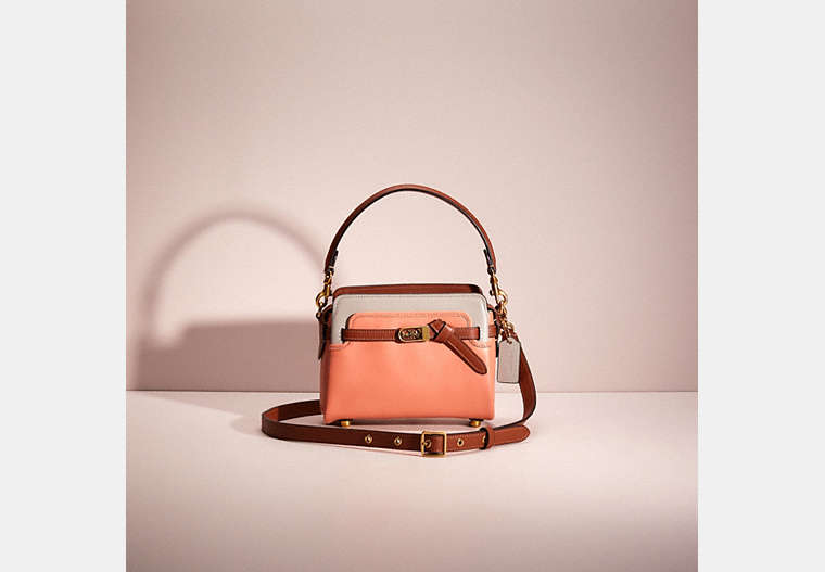 COACH®,RESTORED TATE 18 CROSSBODY IN COLORBLOCK,Glovetanned Leather,Mini,Brass/Light Coral Multi,Front View