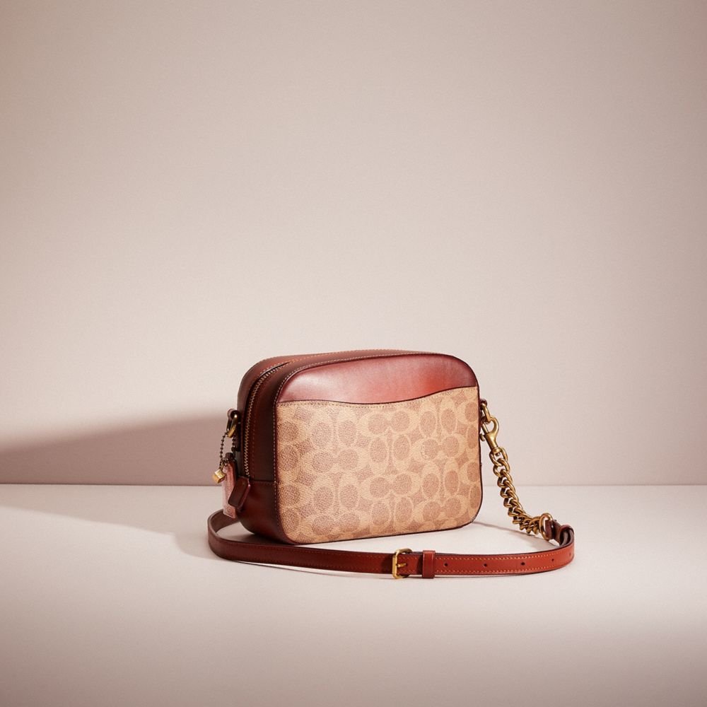 COACH®,Upcrafted Camera Bag In Signature Canvas,Canvas,Leather,Camera Bag,Applique,Color Block,Brass,Casual,Multi Color,Angle View