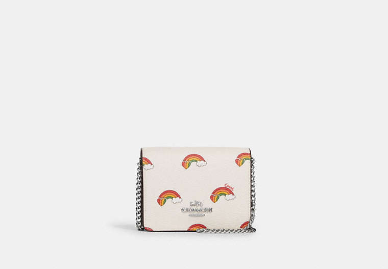 COACH®,MINI WALLET ON A CHAIN WITH RAINBOW PRINT,canvas,Mini,Silver/Chalk Multi,Front View
