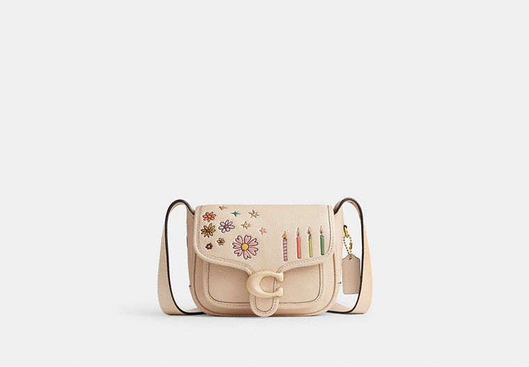 COACH®,COACH X OBSERVED BY US TABBY MESSENGER 19,Polished Pebble Leather,Mini,Brass/Ivory Multi,Front View