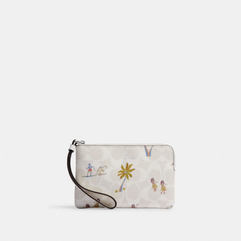 COACH®,CORNER ZIP WRISTLET IN SIGNATURE CANVAS WITH HULA PRINT,Signature Canvas,Mini,Silver/Chalk/Glacier White Multi,Front View