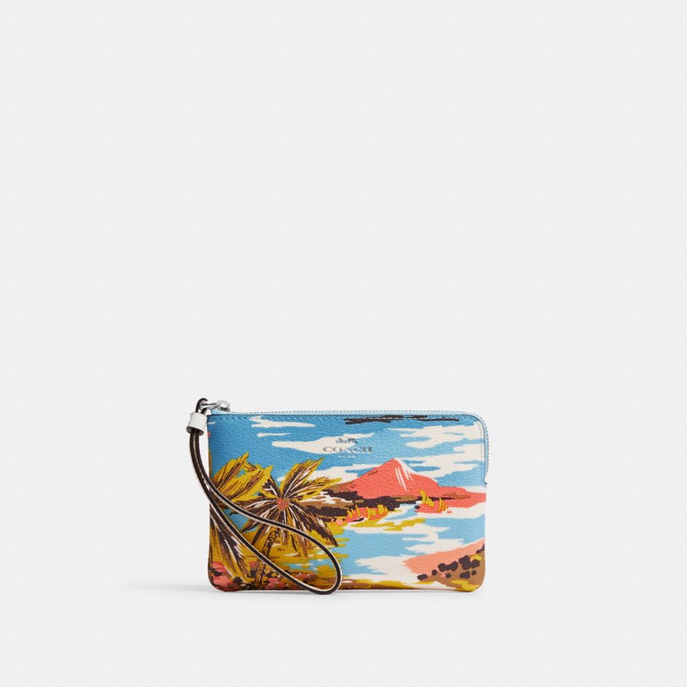 Coach Corner Zip Wristlet In Signature Canvas With Hula Print