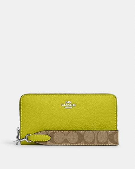 COACH®,LONG ZIP AROUND WALLET WITH SIGNATURE CANVAS,Leather,Mini,Silver/Key Lime Multi,Front View