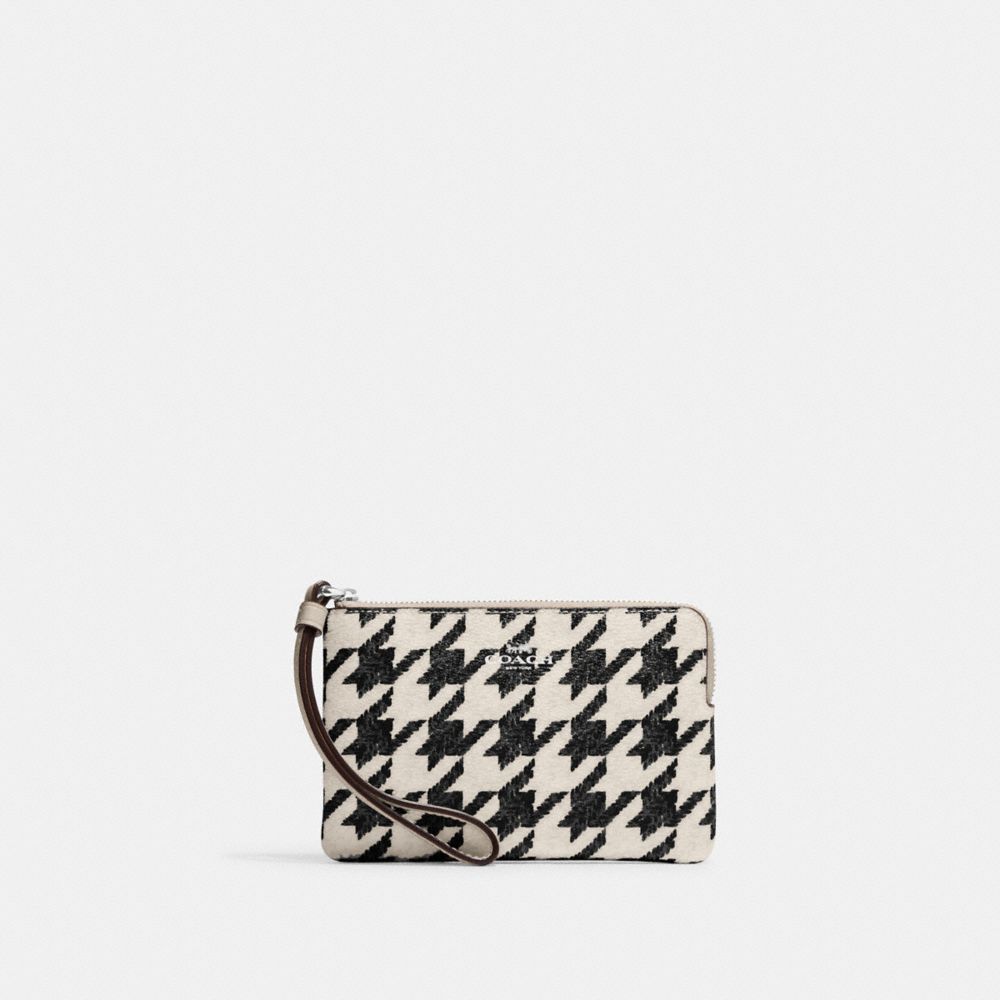 COACH®,CORNER ZIP WRISTLET WITH HOUNDSTOOTH PRINT,Novelty Print,Mini,Silver/Cream/Black,Front View