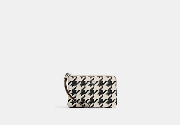 COACH®,CORNER ZIP WRISTLET WITH HOUNDSTOOTH PRINT,Mixed Material,Mini,Silver/Cream/Black,Front View