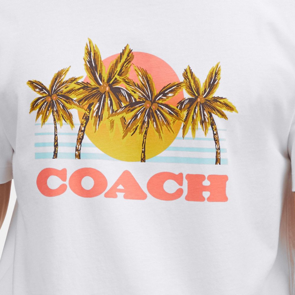 COACH®,Hawaiian Graphic T Shirt,Cotton,T Shirt,Graphic,Logo,Word Embellishment,Casual,White,Detail View