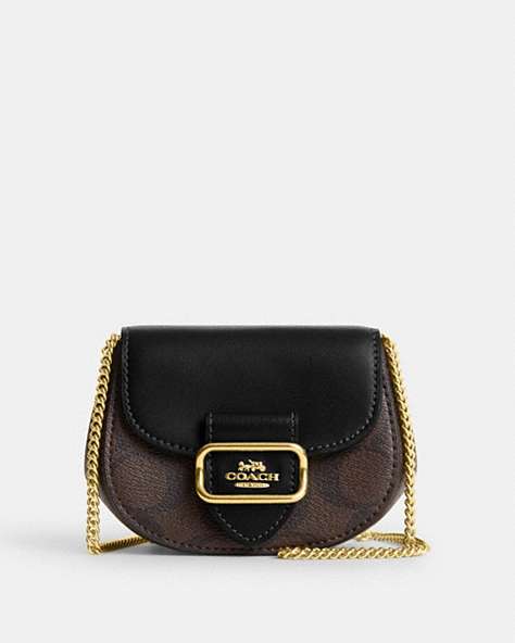 COACH®,MORGAN CARD CASE ON A CHAIN IN SIGNATURE CANVAS,Leather,Mini,Gold/Brown Black,Front View