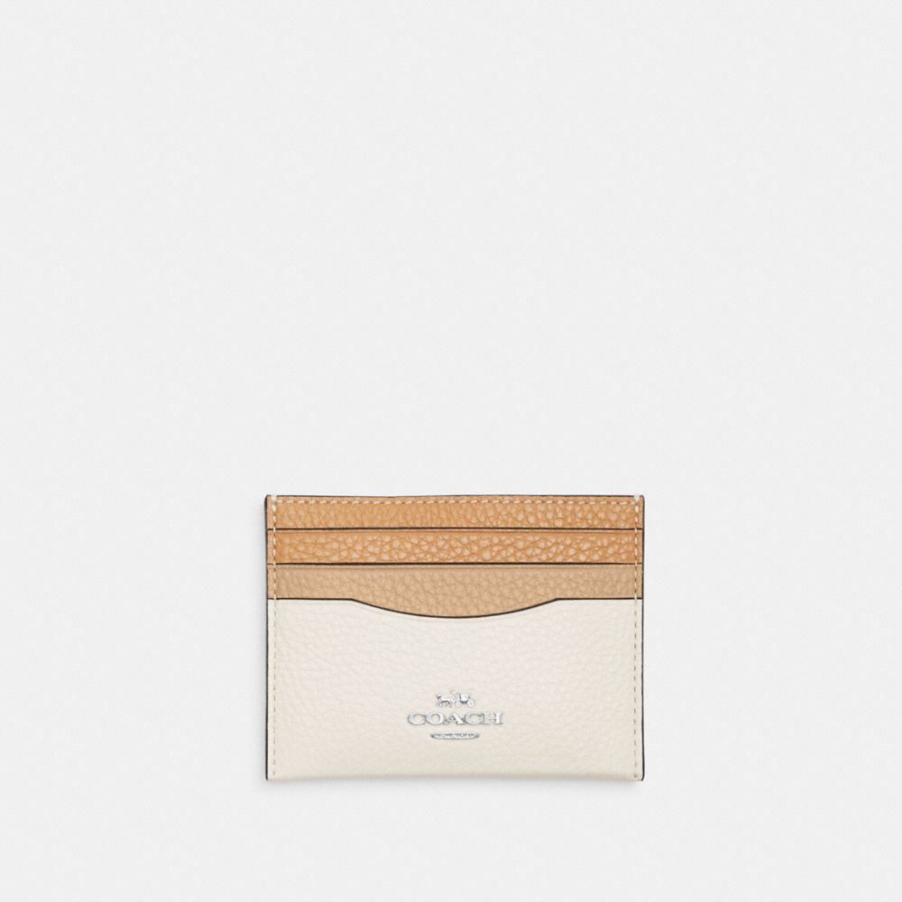 COACH®,SLIM ID CARD CASE IN COLORBLOCK,Novelty Leather,Silver/Sandy Beige Multi,Front View