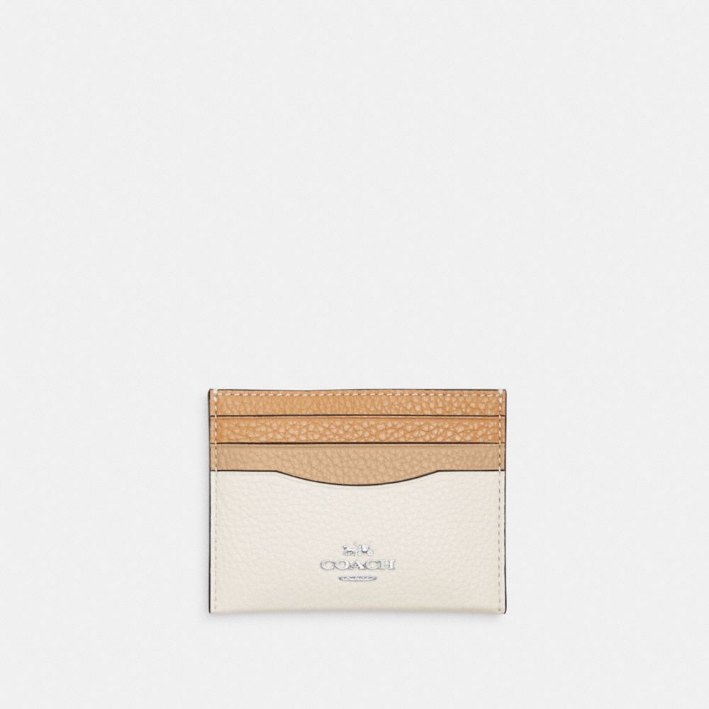 COACH®,SLIM ID CARD CASE IN COLORBLOCK,Leather,Silver/Sandy Beige Multi,Front View