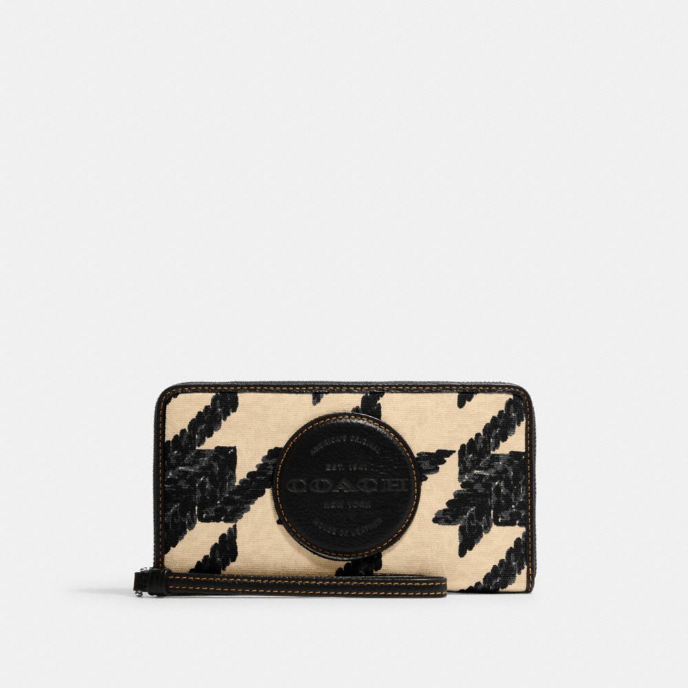 COACH®,DEMPSEY LARGE PHONE WALLET WITH HOUNDSTOOTH PRINT AND PATCH,Novelty Print,Mini,Silver/Cream/Black,Front View