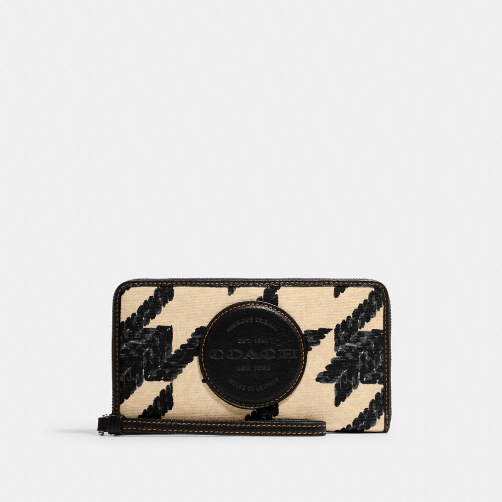 COACH®,Dempsey Large Phone Wallet With Houndstooth Print And Patch,,Front View