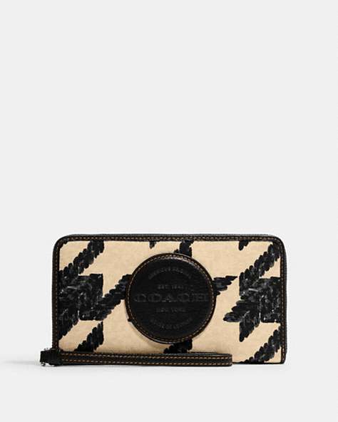 COACH®,DEMPSEY LARGE PHONE WALLET WITH HOUNDSTOOTH PRINT AND PATCH,canvas,Mini,Silver/Cream/Black,Front View