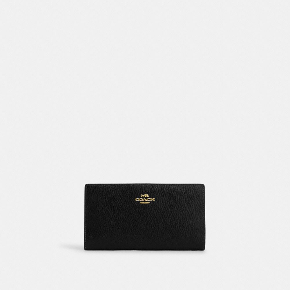 COACH®,SLIM ZIP WALLET,Crossgrain Leather,Gold/Black,Front View