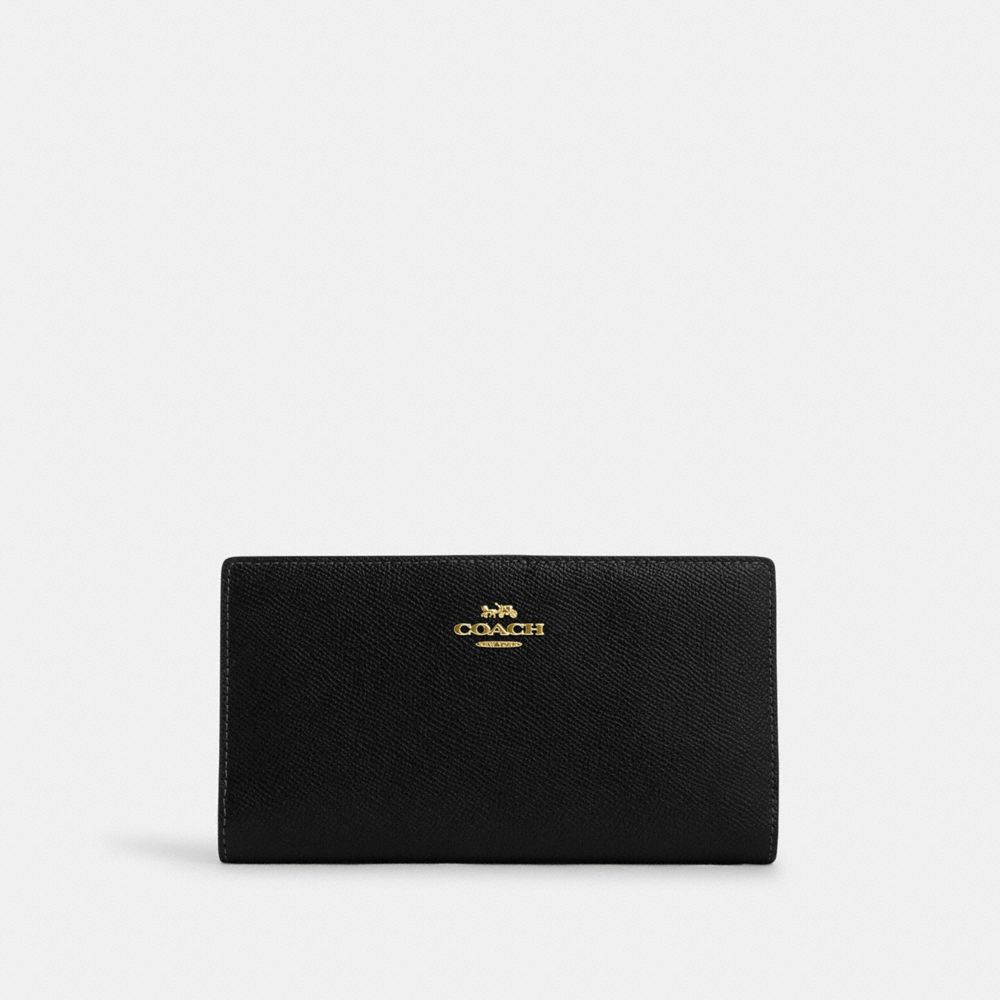 COACH®,SLIM ZIP WALLET,Crossgrain Leather,Gold/Black,Front View