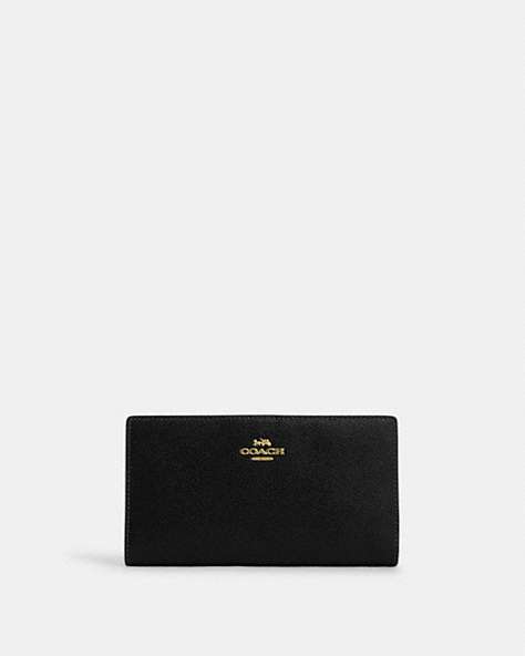 COACH®,SLIM ZIP WALLET,Crossgrain Leather,Gold/Black,Front View