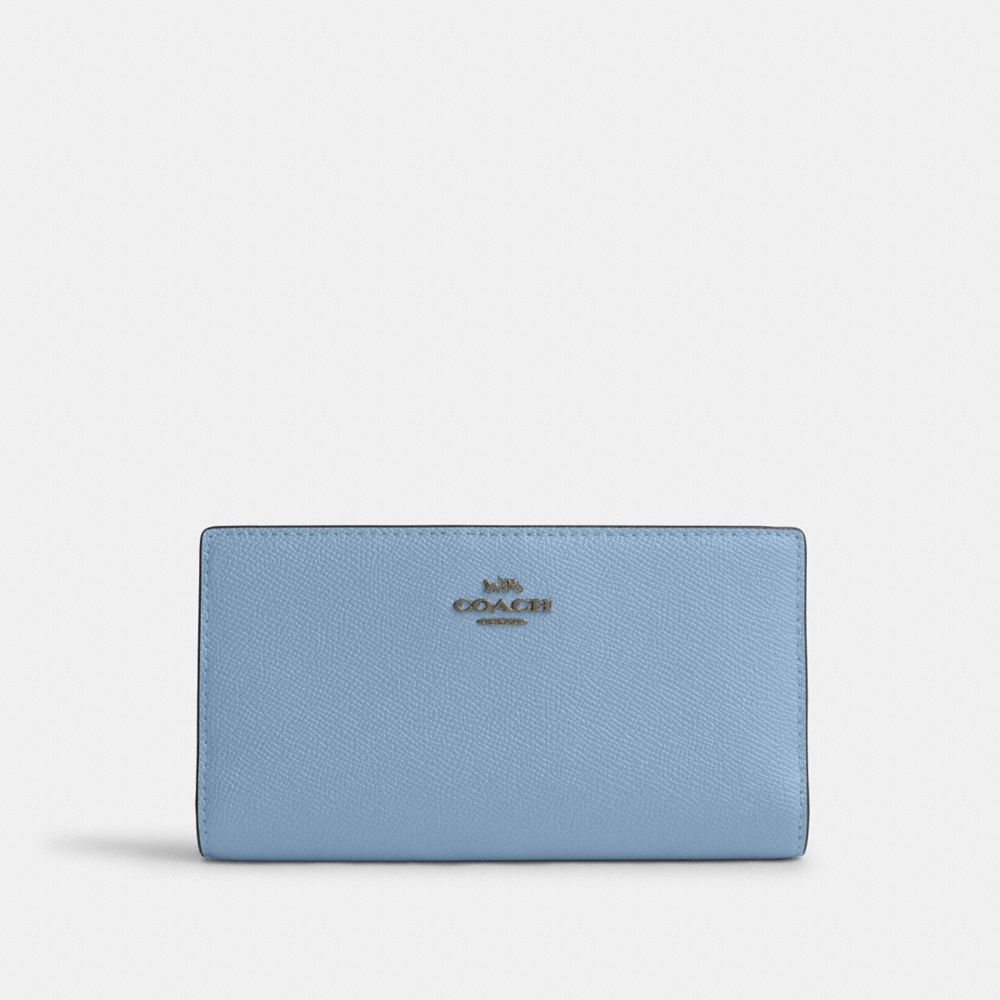 COACH®,SLIM ZIP WALLET,Crossgrain Leather,Gunmetal/Cornflower,Front View