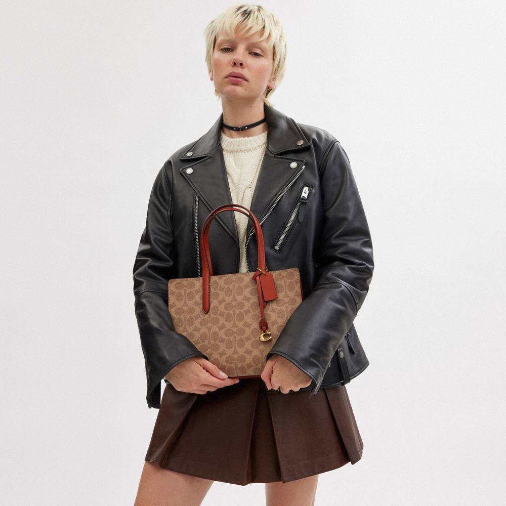 COACH®,Carter Carryall Bag 28 In Signature Canvas,Canvas,Leather,Calf Hair,Satchel,No Embellishment,Work,Brown,Detail View