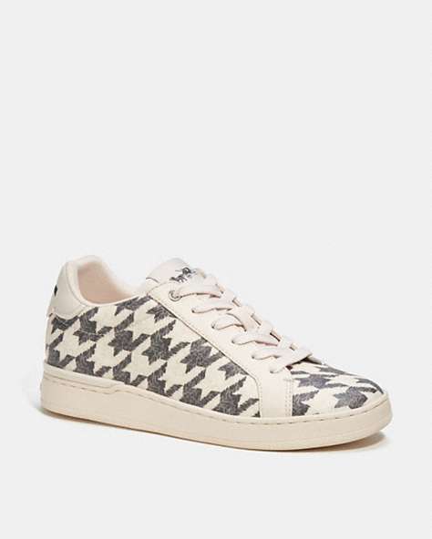 COACH®,CLIP LOW TOP SNEAKER WITH HOUNDSTOOTH PRINT,pvc,Black/Chalk,Front View