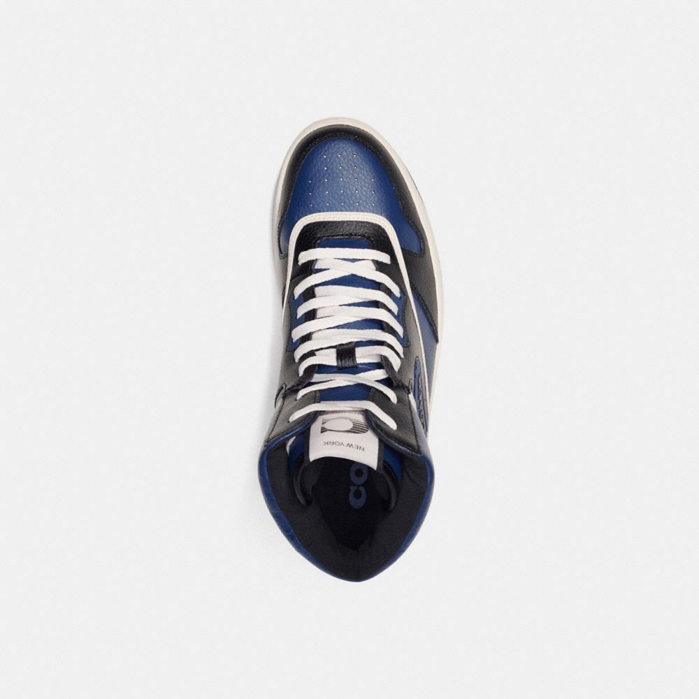 COACH®,C202 High Top Sneaker,Leather,Rubber,Casual,High Top,Fabric,Embossed,Perforated,Logo,Color Block,Piping,Casual,Navy,Inside View,Top View