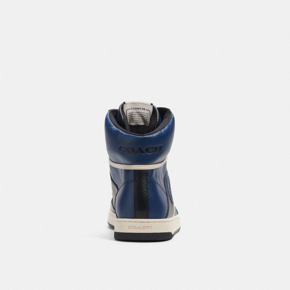 COACH®,C202 High Top Sneaker,Leather,Rubber,Casual,High Top,Fabric,Embossed,Perforated,Logo,Color Block,Piping,Casual,Navy,Alternate View