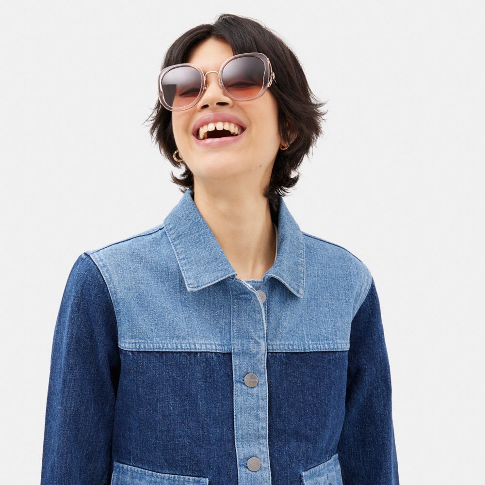 COACH®,Tea Rose Oversized Butterfly Square Sunglasses,Square,Metal,Integrated Nose Pads,Casual,Brown,Angle View