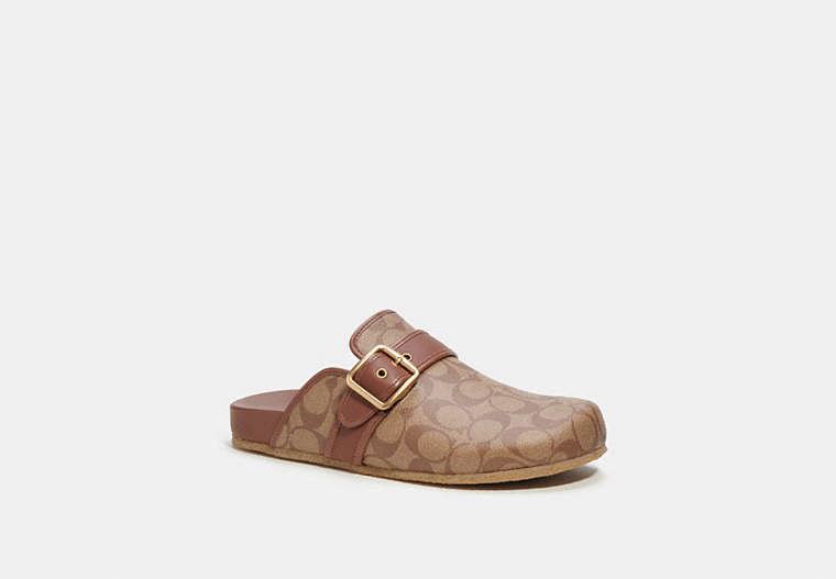 COACH®,CLOG SANDAL IN SIGNATURE CANVAS,Dark Saddle,Front View
