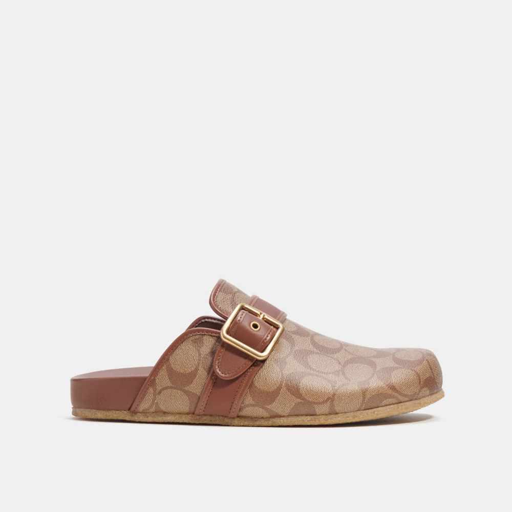 COACH®,CLOG SANDAL IN SIGNATURE CANVAS,Dark Saddle,Angle View