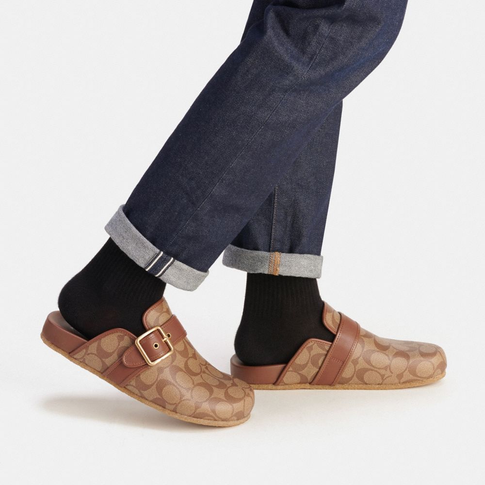 COACH®,Clog Sandal In Signature Canvas,Leather,Mules,Belt,Casual,Brown,Detail View