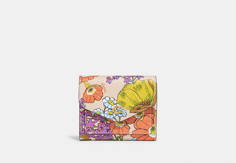 COACH®,WYN SMALL WALLET WITH FLORAL PRINT,Pebbled Leather,Brass/Ivory Multi,Front View