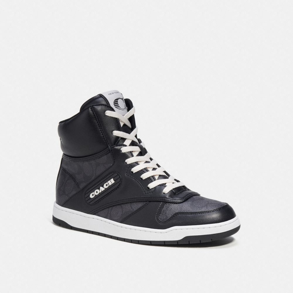 COACH®,C202 HIGH TOP SNEAKER IN SIGNATURE CANVAS,Signature Coated Canvas,Charcoal/Black,Front View