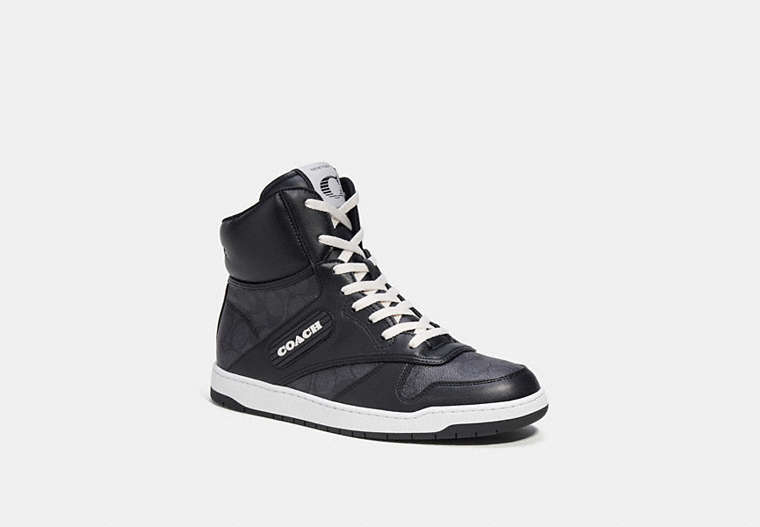 COACH®,C202 HIGH TOP SNEAKER IN SIGNATURE CANVAS,Signature Coated Canvas,Charcoal/Black,Front View