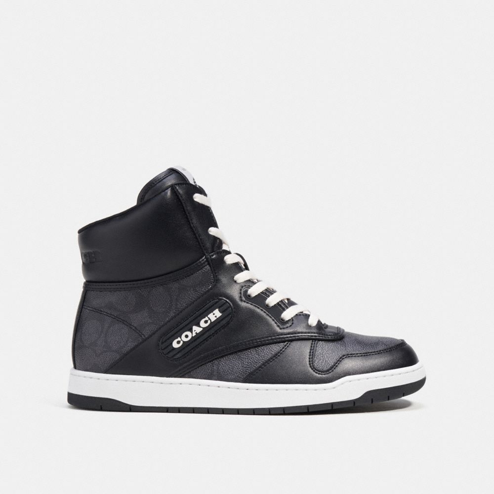 COACH®,C202 HIGH TOP SNEAKER IN SIGNATURE CANVAS,Signature Coated Canvas,Charcoal/Black,Angle View