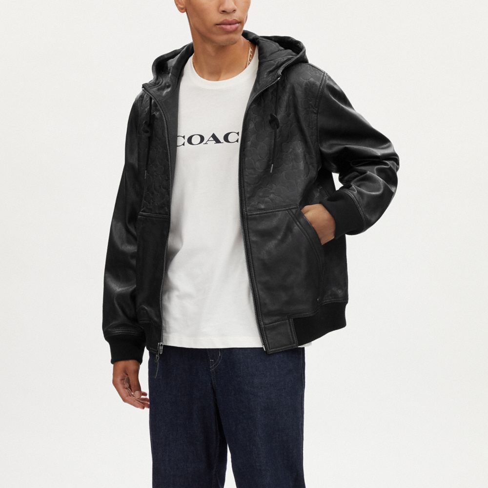 Off-White - Black leather bomber jacket with embossed logo