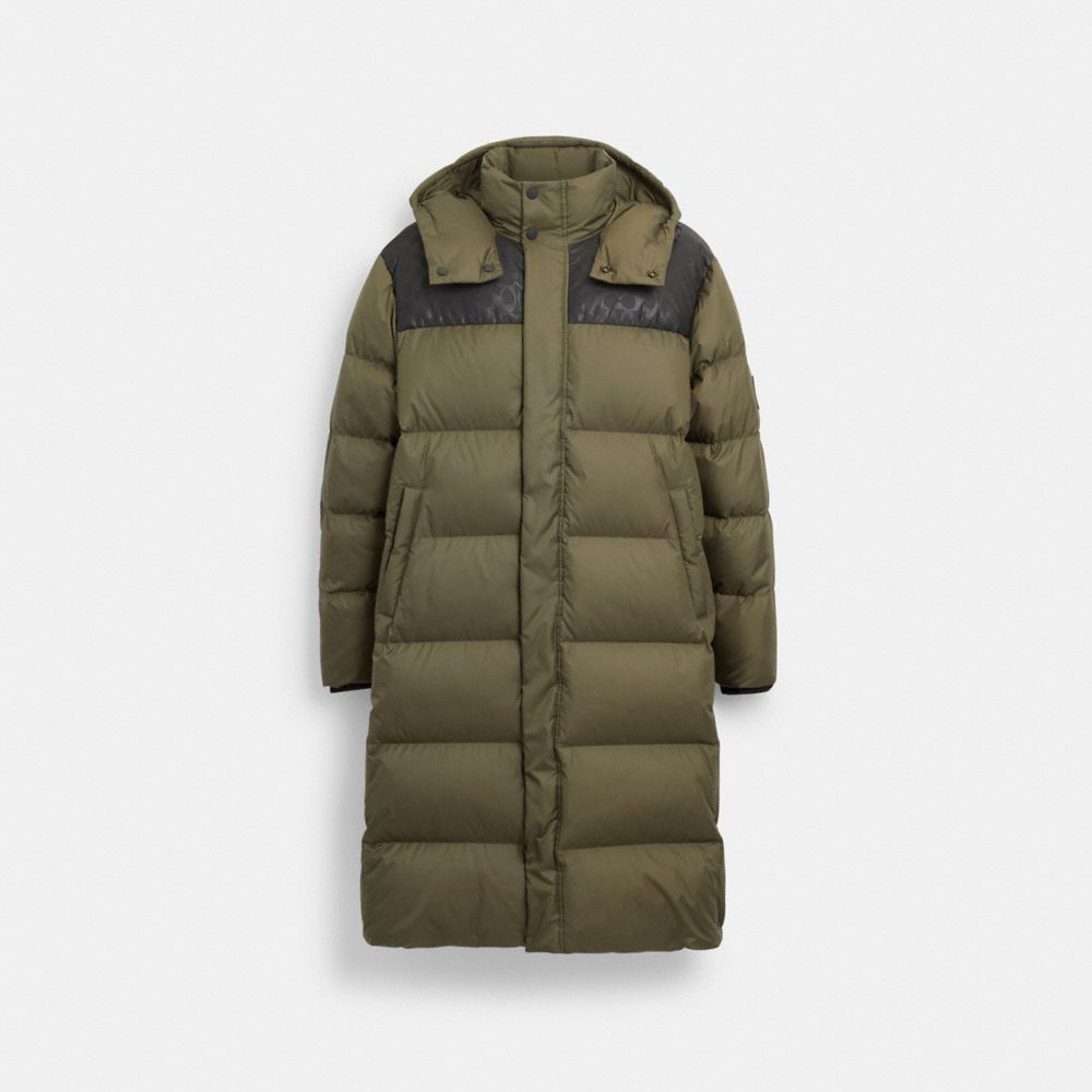 COACH®,LONG PUFFER JACKET,Olive,Front View