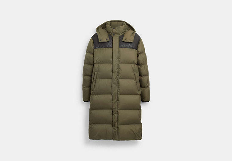 COACH®,LONG PUFFER JACKET,Olive,Front View