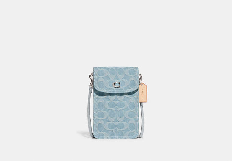 COACH®,PHONE CROSSBODY IN SIGNATURE DENIM,Silver/Pale Blue,Front View image number 0