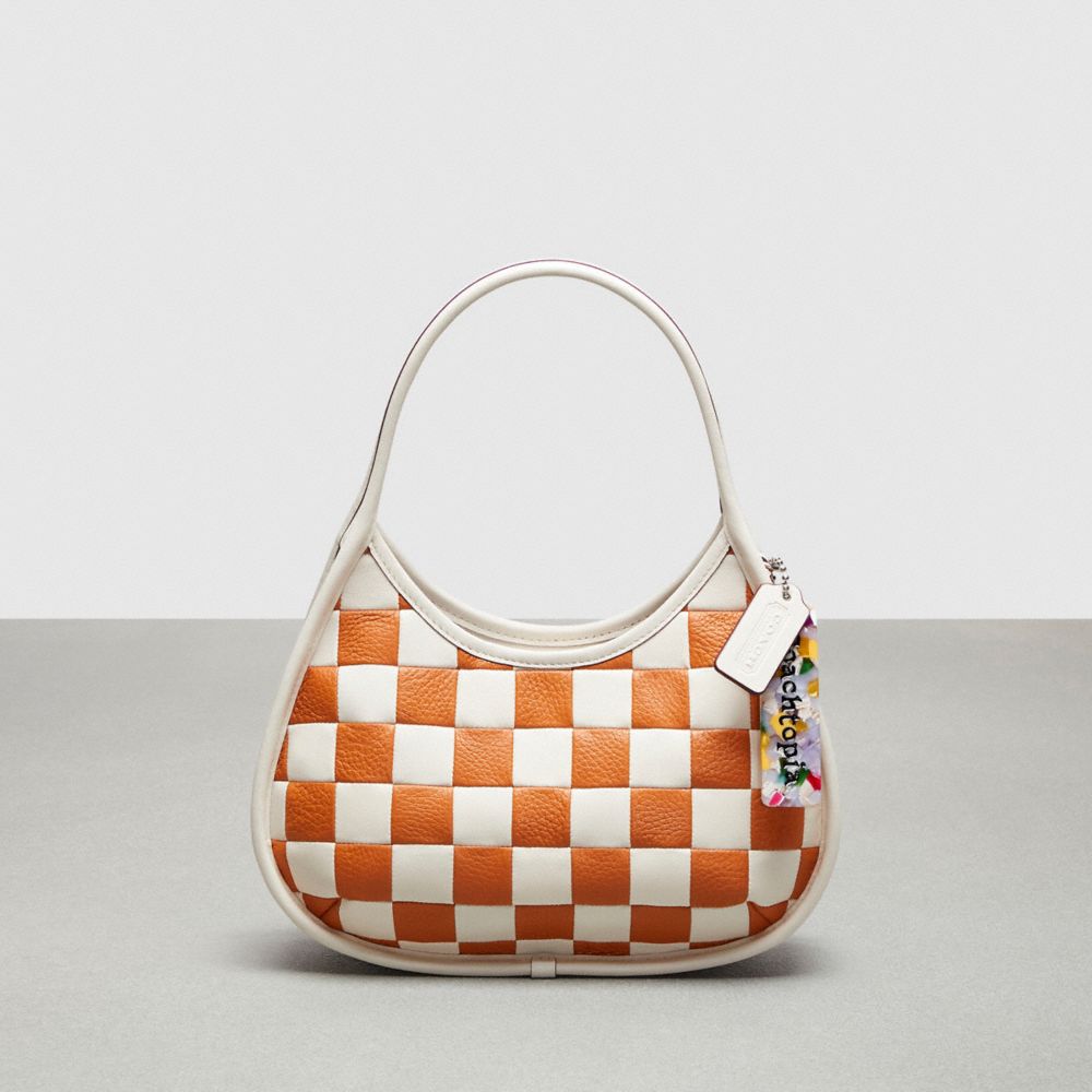 COACH®,Ergo Bag In Checkerboard Patchwork Upcrafted Leather,Upcrafted Leather™,Small,Checkerboard,Chalk/Faded Orange,Front View