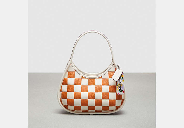 COACH®,Ergo Bag in Checkerboard Patchwork Upcrafted Leather,Upcrafted Leather™,Small,Checkerboard,Chalk/Faded Orange,Front View