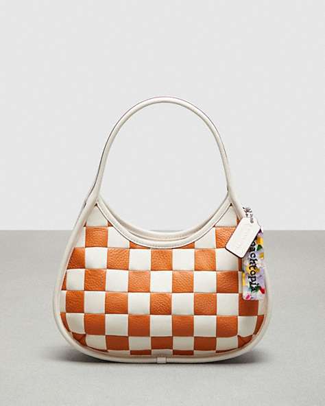 COACH®,Ergo Bag in Checkerboard Patchwork Upcrafted Leather,Upcrafted Leather™,Small,Checkerboard,Chalk/Faded Orange,Front View