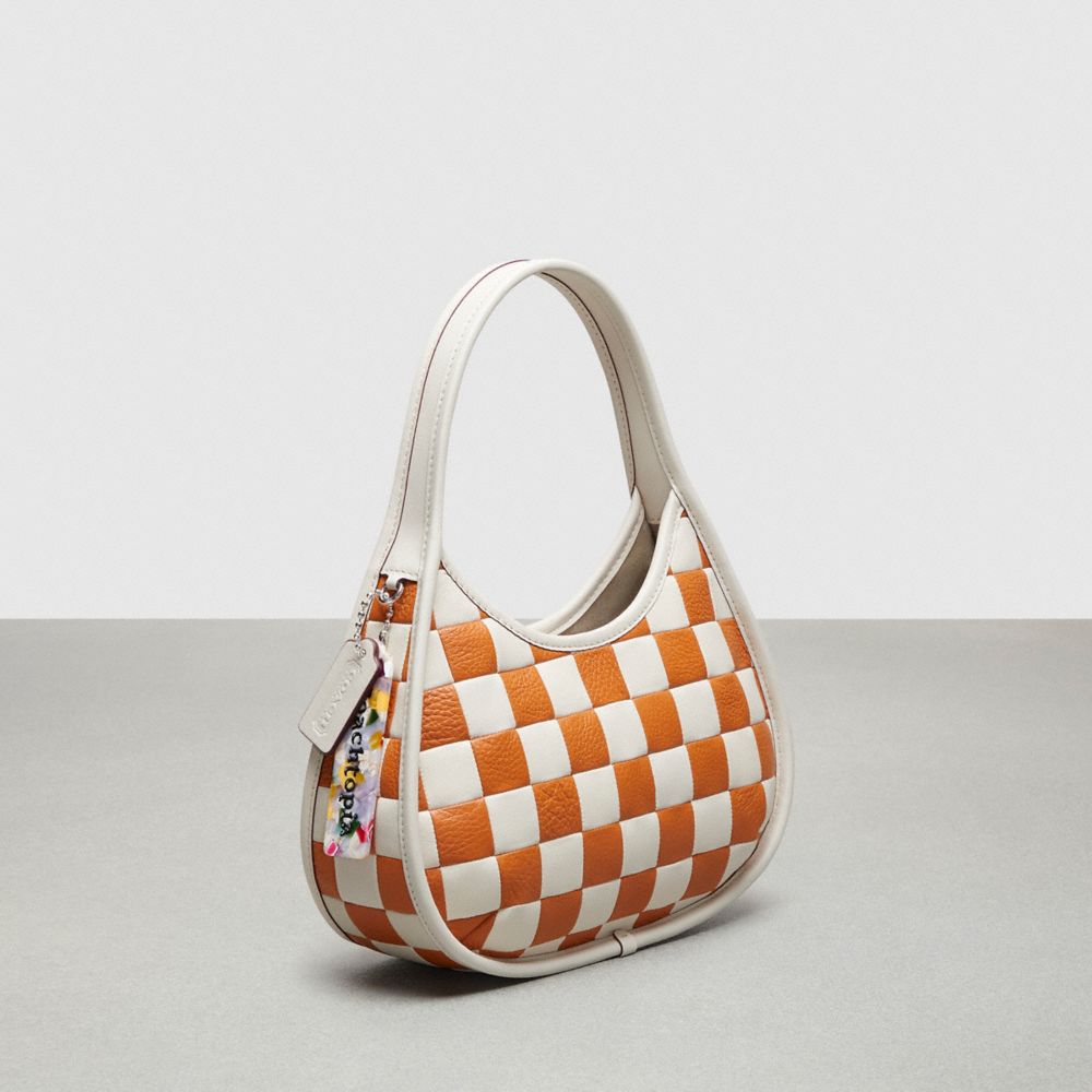 COACH®,Ergo Bag In Checkerboard Patchwork Upcrafted Leather,Upcrafted Leather™,Small,Checkerboard,Chalk/Faded Orange,Angle View