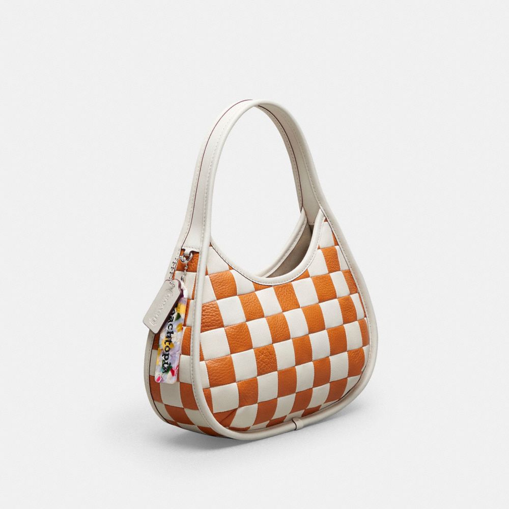 COACH®,Ergo Bag In Checkerboard Patchwork Upcrafted Leather,Upcrafted Leather™,Small,Checkerboard,Chalk/Faded Orange,Angle View