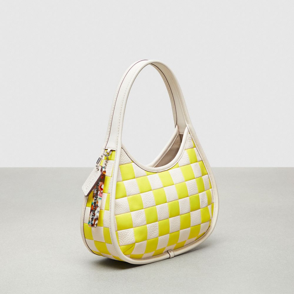 COACH®,Ergo Bag In Checkerboard Patchwork Upcrafted Leather,Upcrafted Leather™,Small,Checkerboard,Bright Yellow/Chalk,Angle View