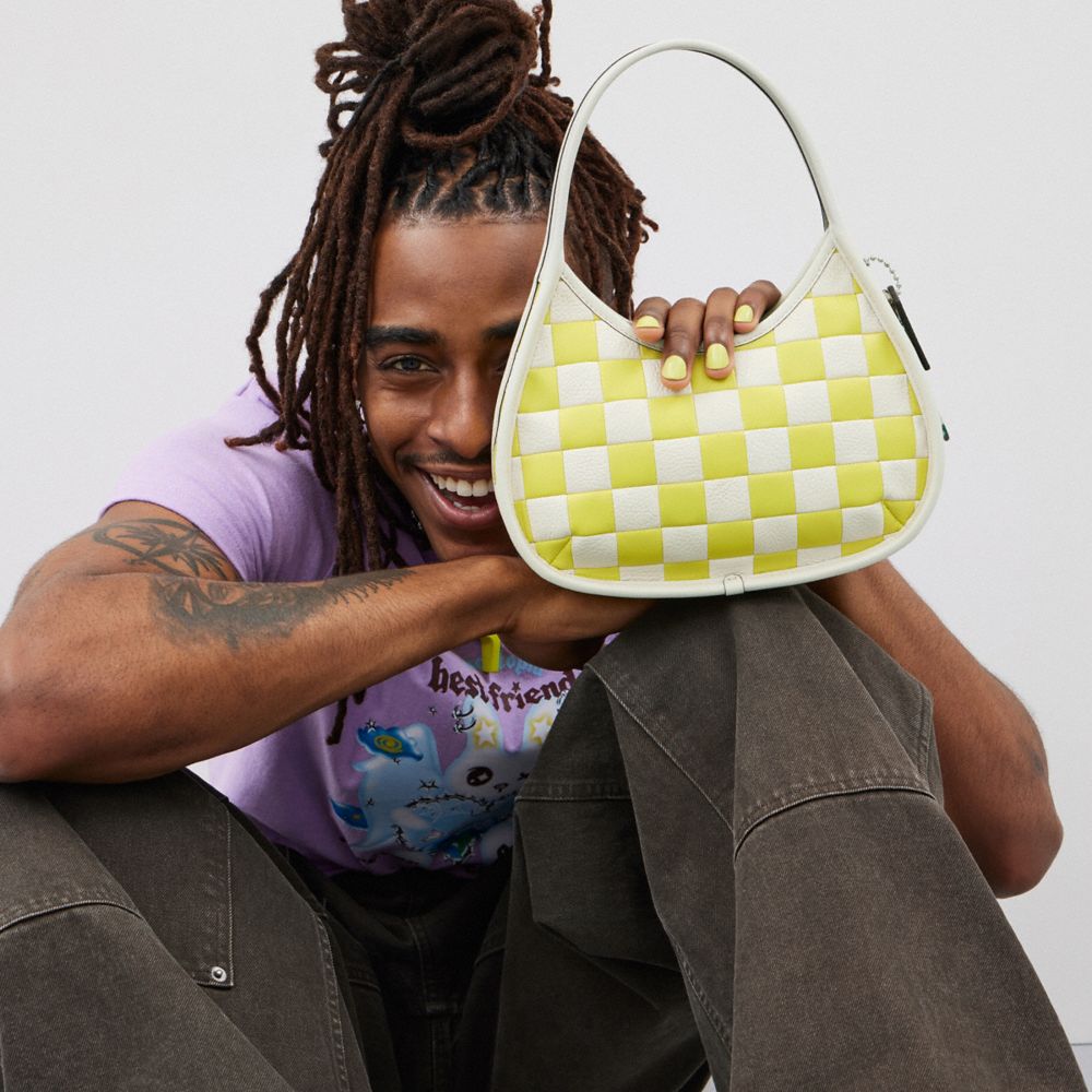 COACH®,Ergo Bag In Checkerboard Upcrafted Leather,Leather,Shoulder Bag,Plastic,Logo,Embossed,Piping,Day Party,Multi Color,Detail View