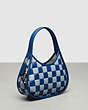COACH®,Ergo Bag In Checkerboard Patchwork Upcrafted Leather,Upcrafted Leather™,Small,Checkerboard,Grey Blue/Blue,Angle View